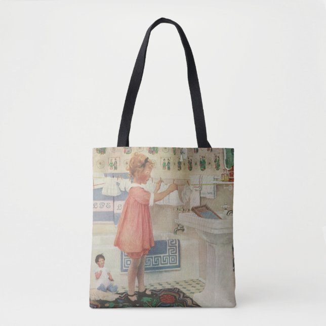 Tote Bag Fille d'autrefois, enfant faisant la lessive et ét (Devant)