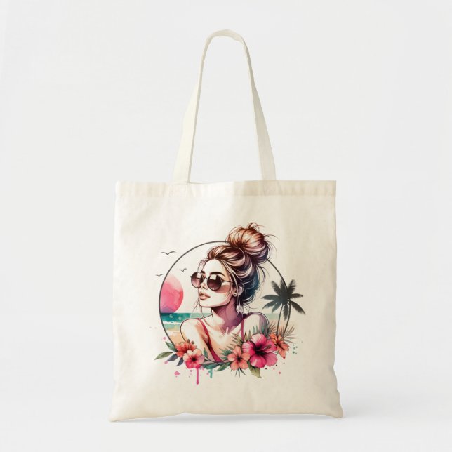 Tote Bag Fille de plage tropicale aquarelle (Devant)
