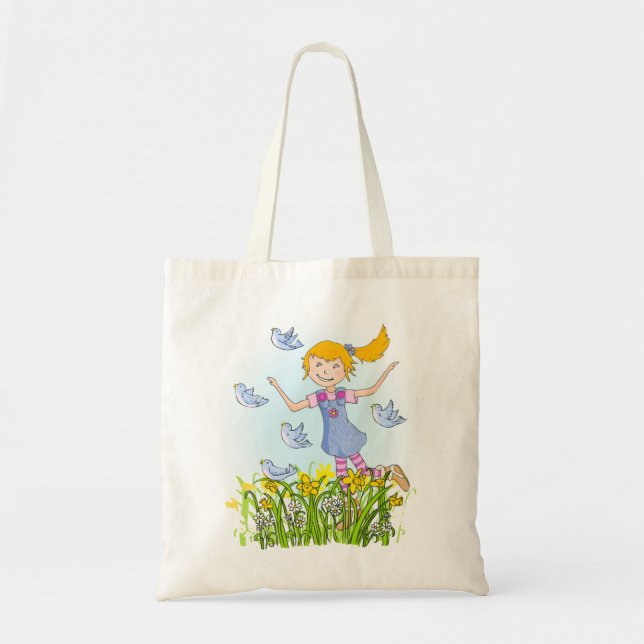 Tote Bag Fille de printemps pourchassant les oiseaux dans l (Devant)