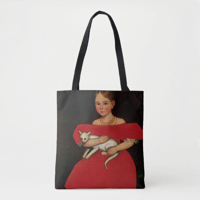 Tote Bag Fille en rouge avec son chat et son chien (Devant)