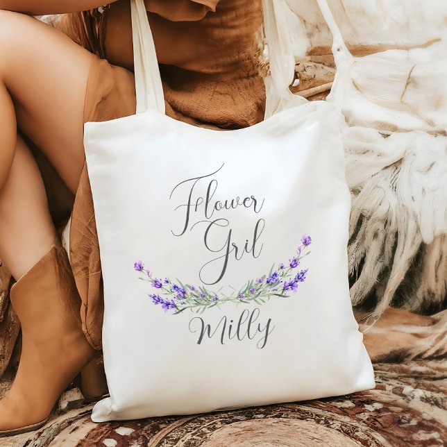 Tote Bag Fille Fleur Mariage Laurier Lavande  (Flower Girl Wedding Tote with Lavender Laurels and Script Font)