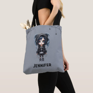Tote Bag Fille gothique avec toiles d'araignées et araignée