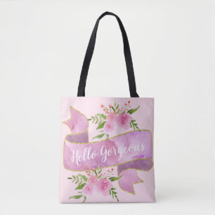 Tote Bag Fille Jolie florale rose bonjour magnifique or