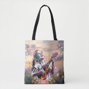 Tote Bag Fille Jouer Ukulele avec des papillons