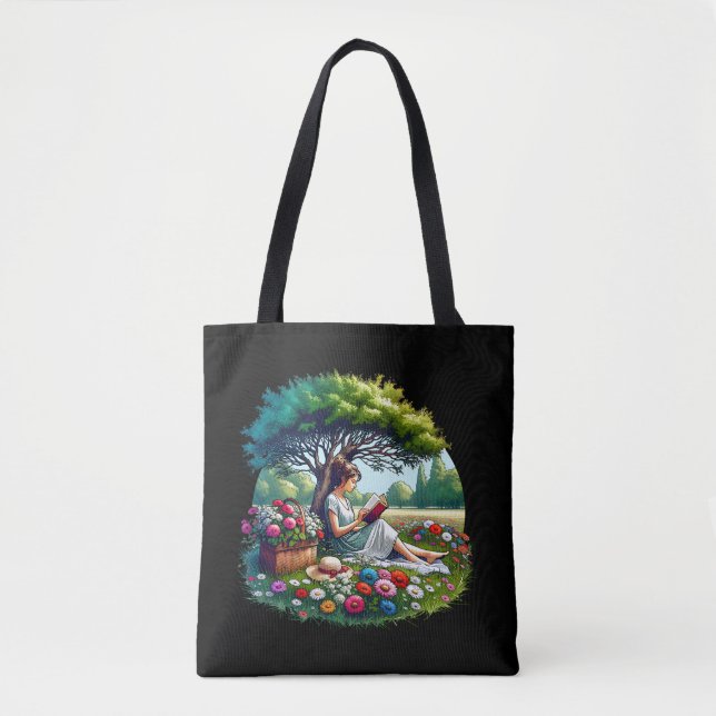 Tote Bag Fille lisant sous un arbre entouré de fleurs (Devant)