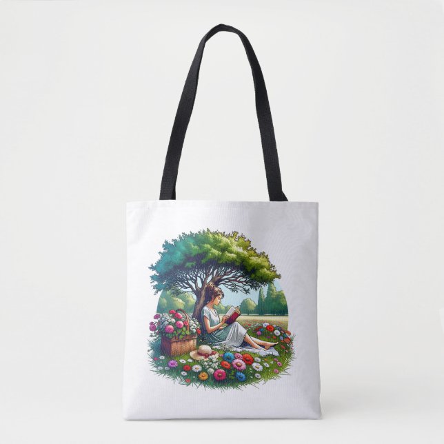 Tote Bag Fille lisant sous un arbre entourée de fleurs (Devant)