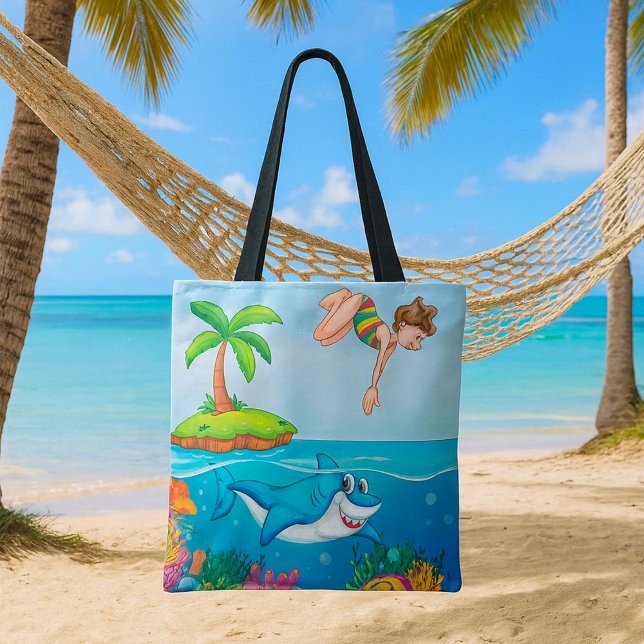 Tote Bag Fille plongeant dans l'océan avec un requin ami et (Créateur téléchargé)