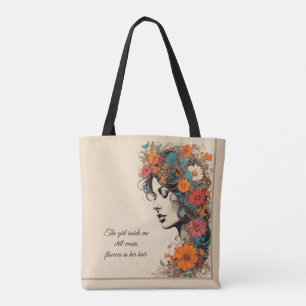 Tote Bag Fille rétro avec des fleurs dans les cheveux