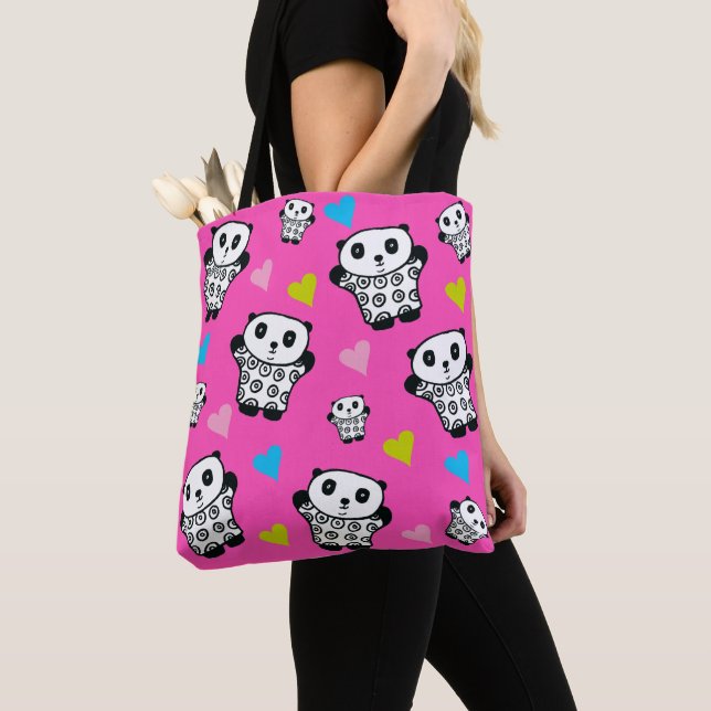 Tote Bag Fille rose moderne mignonne Kawaii Panda Coeurs d' (De près)