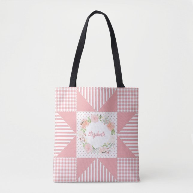 Tote Bag Fille rose soir Star Quilt Rose couronne et nom (Devant)
