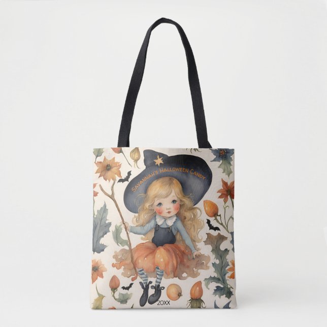 Tote Bag Fille sorcière Personnalisée Halloween bonbon (Devant)