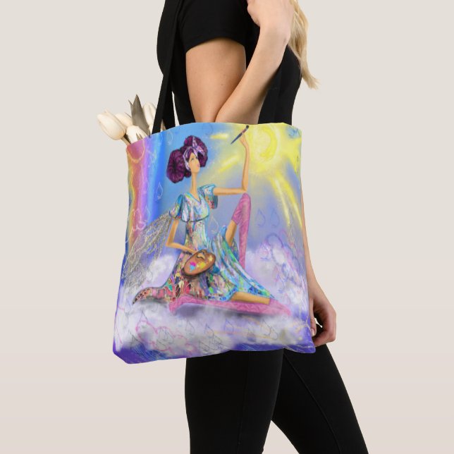 Tote Bag Fille sur nuage peinture soleil et arc-en-ciel - I (De près)