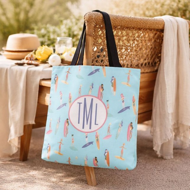Tote Bag Fille Surfeuse Monogramme (Créateur téléchargé)