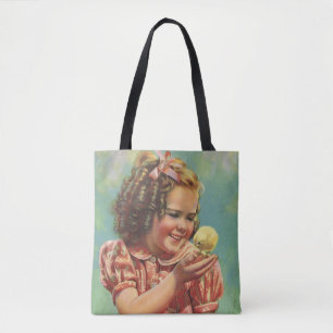 Tote Bag Fille vintage avec poussin, enfant heureux sourian