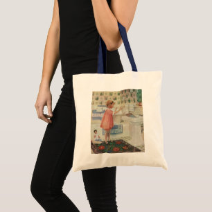 Tote Bag Fille vintage, enfant faisant la lessive en suspen