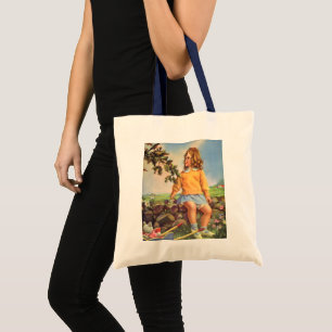Tote Bag Fille vintage regardant des oiseaux dans un arbre,