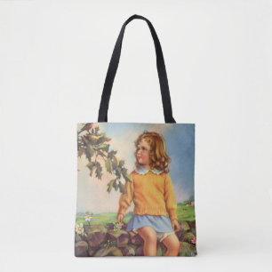 Tote Bag Fille Vintage Regardant des Oiseaux dans un Arbre,