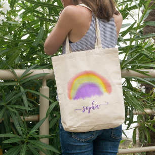 Tote Bag Filles aquarelle arc-en-ciel moderne nom script