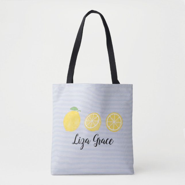 Tote Bag Filles Aquarelle Citron Trio Bleu Pinstripe (Devant)