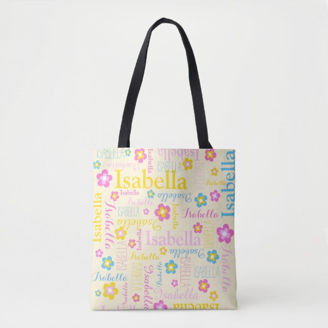 Tote Bag Filles bleu rose jaune nom Isabella fleur (Devant)