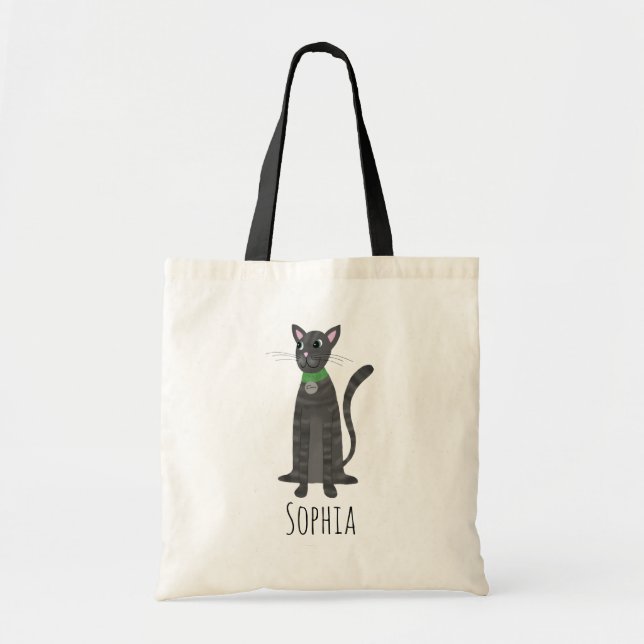 Tote Bag Filles Cute Grey Tabby Kitty Chat & Nom Enfants (Devant)