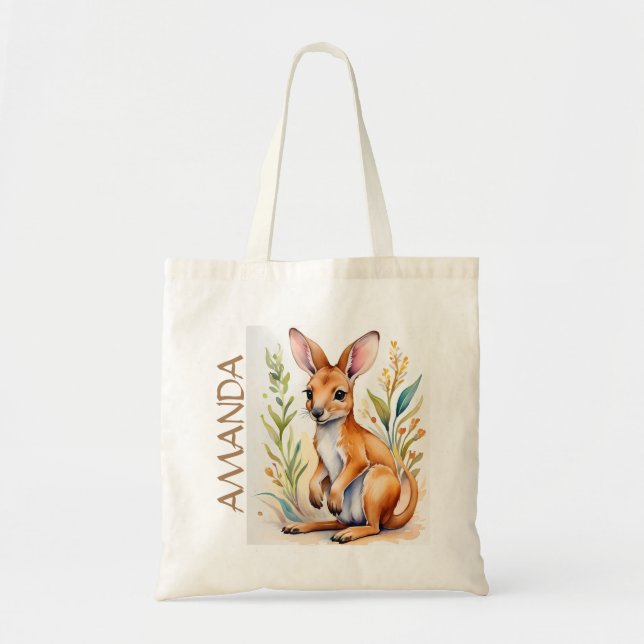 Tote Bag Filles Cute Kangaroo Faune Aquarelle Nom Enfants (Devant)