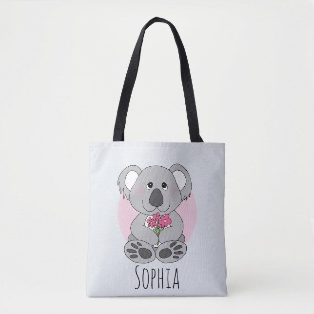 Tote Bag Filles Cute Koala Ours et fleurs et nom Enfants (Devant)