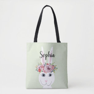Tote Bag Filles Fleurs Whimsical Aquarelle Rabbit et nom