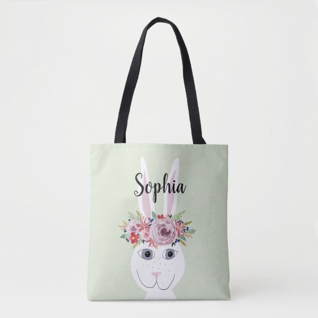 Tote Bag Filles Fleurs Whimsical Aquarelle Rabbit et nom (Devant)