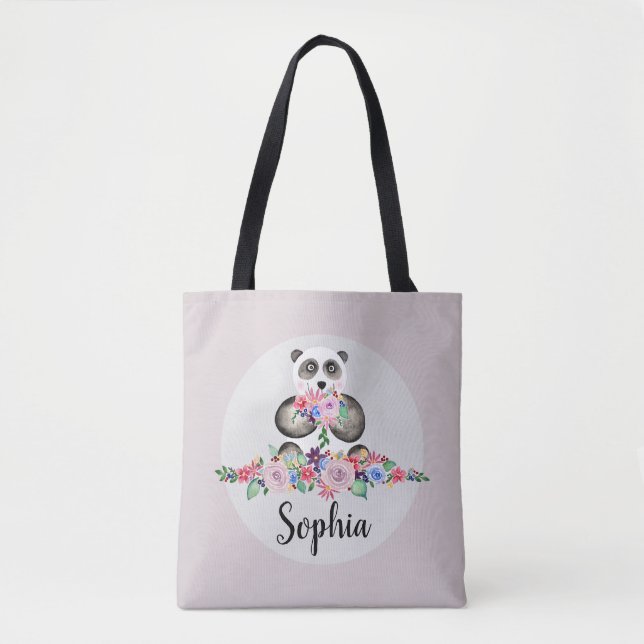 Tote Bag Filles mignonnes Aquarelle Fleurs Panda Ours Enfan (Devant)