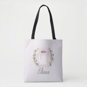 Tote Bag Filles mignonnes chattes blanches avec fleurs et n
