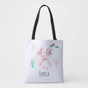 Tote Bag Filles mignonnes et moderne rose Axolotl et nom En