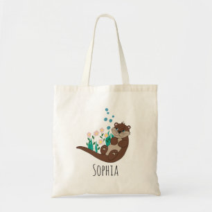 Tote Bag Filles mignonnes Otter Fleurs de dessin et nom Enf