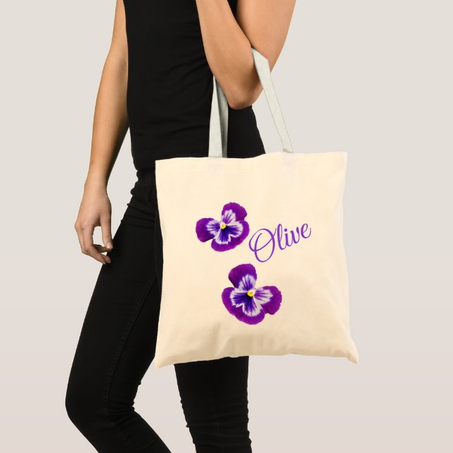 Tote Bag Filles "Olive" Nom Avec Pansies Violettes, (Devant (produit))