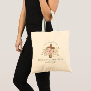Tote Bag Filles Première Sainte Communion Croix Florale Cus