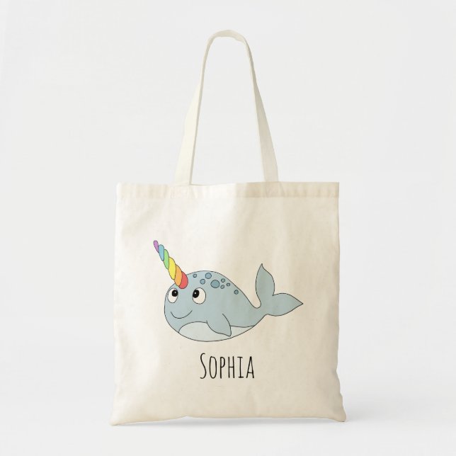Tote Bag Filles Whimsical Rainbow Narwhal Nom du dessin Enf (Devant)