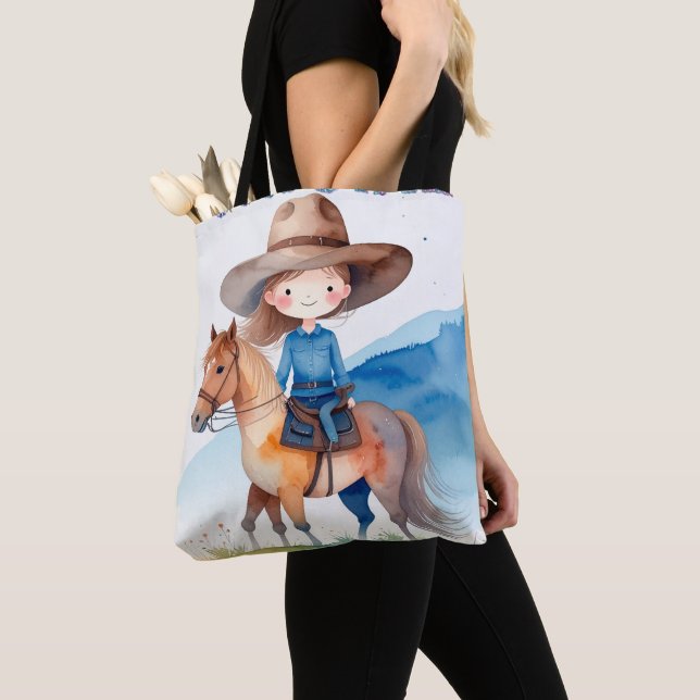 Tote Bag Fillette Vachère Mignonne Chevauchant un Cheval De (De près)
