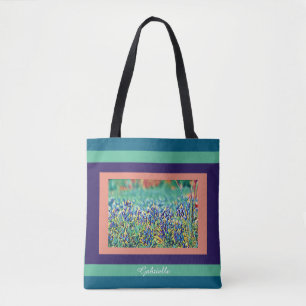 Tote Bag Fiole de bleuets, violet, saumon, aqua; nom w