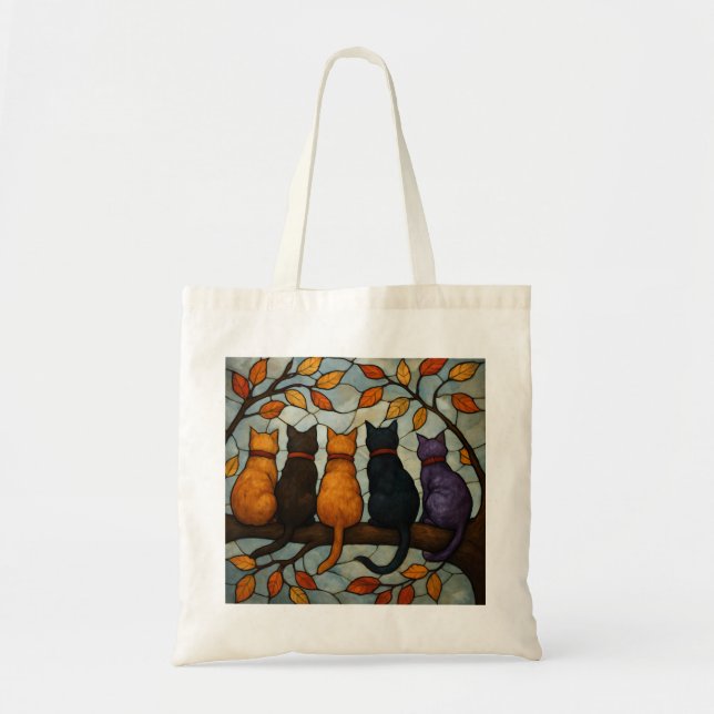 Tote Bag Five Cats on a Tree Branch Stained Glass Style (Devant)