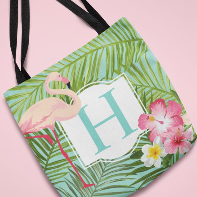 Tote Bag Flamant Rose Aqua Tropical Monogram Floral (Créateur téléchargé)