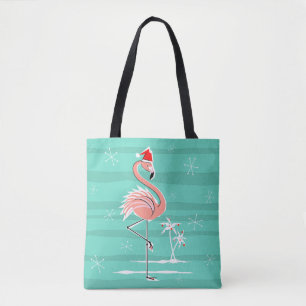 Tote Bag Flamant rose de Noël en bande partout à fourre-tou