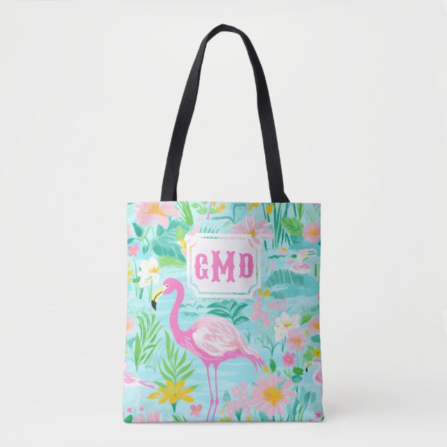 Tote Bag Flamant rose d'été de Preppy | Monogramme (Devant)
