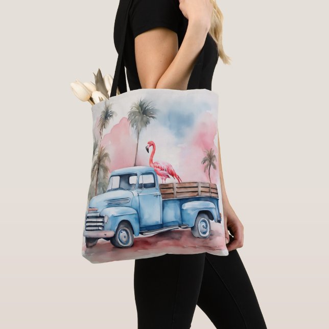 Tote Bag Flamant rose En Camion Bleu Rétro (De près)