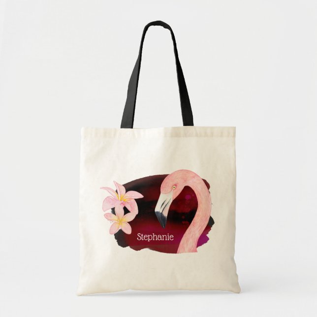 Tote Bag Flamant rose et fleurs de frangipanier personnalis (Devant)