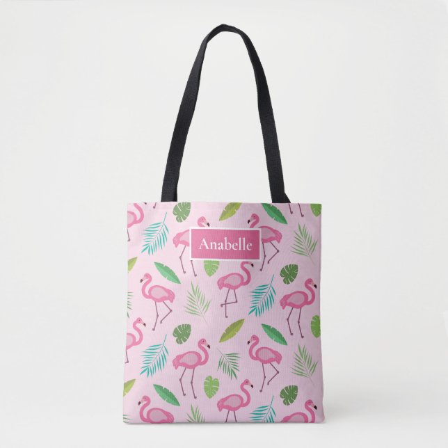 Tote Bag Flamant rose et monogramme de feuilles tropicales  (Devant)