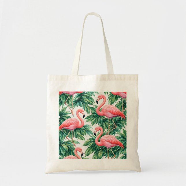 Tote Bag Flamant rose et motif de feuilles tropicales (Devant)