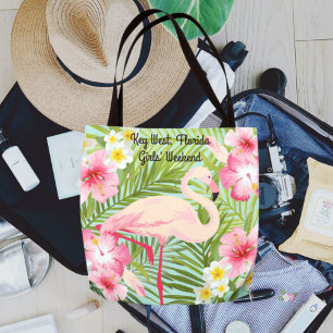 Tote Bag Flamant rose, fleurs tropicales, week‑end des fill