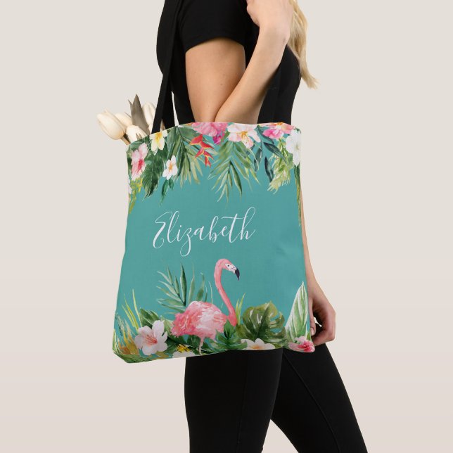 Tote Bag Flamant rose floral tropical Teal d'aquarelle (De près)
