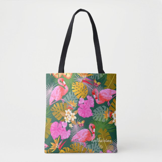 Tote Bag Flamant rose Garden Vert foncé (Devant)