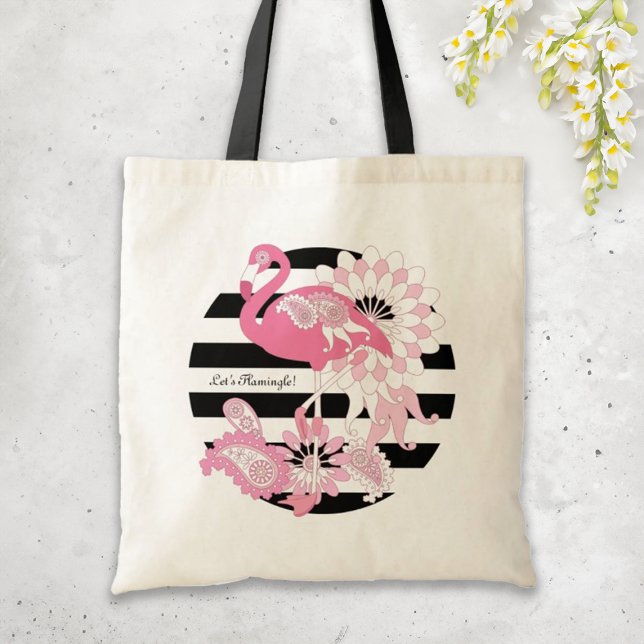 Tote Bag Flamant rose moderne noir rayé rose (Créateur téléchargé)